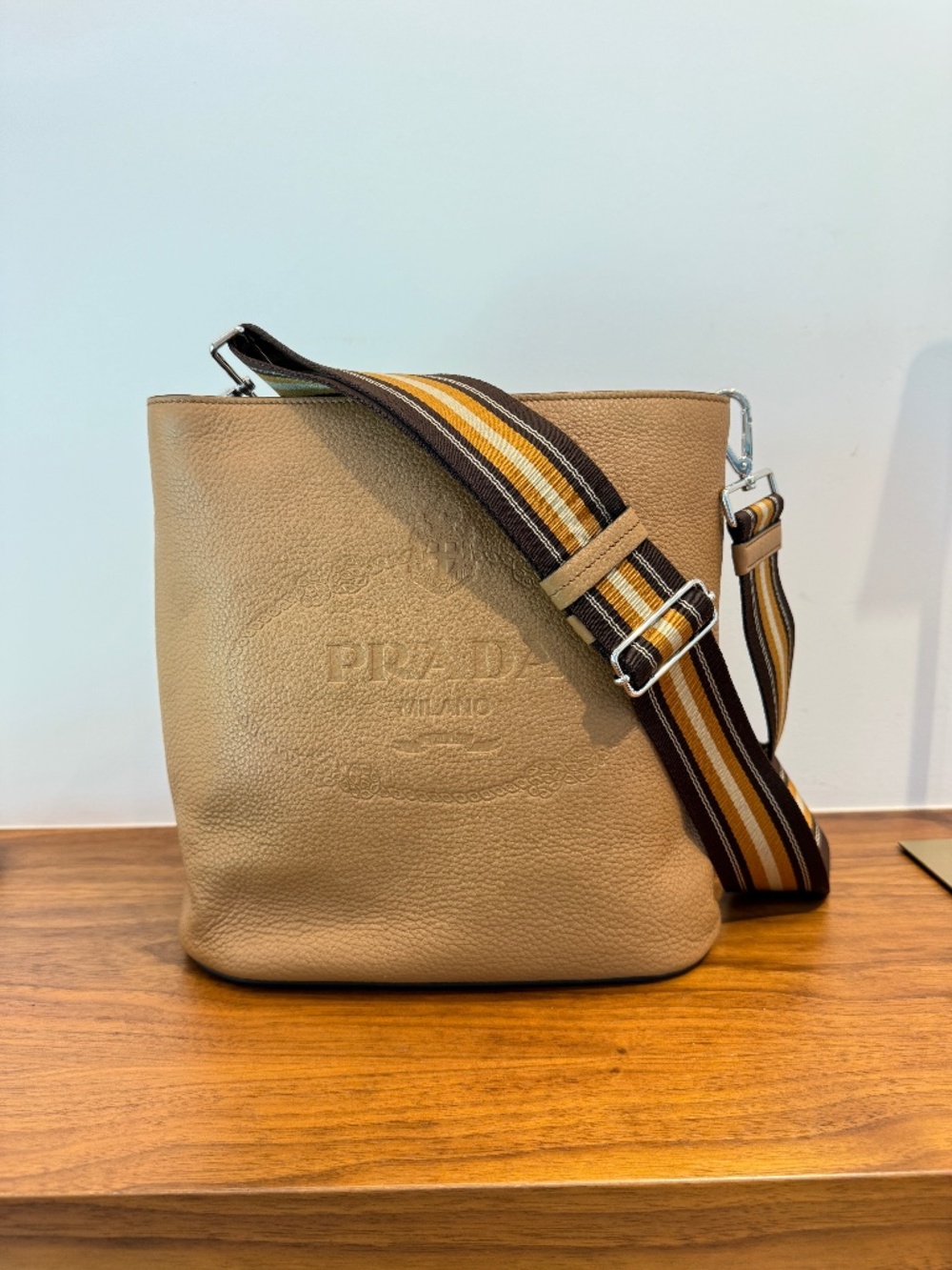 Prada Vitello Phenix Cammeo Leather Stripe Strap Bucket Bag Pre-Owned